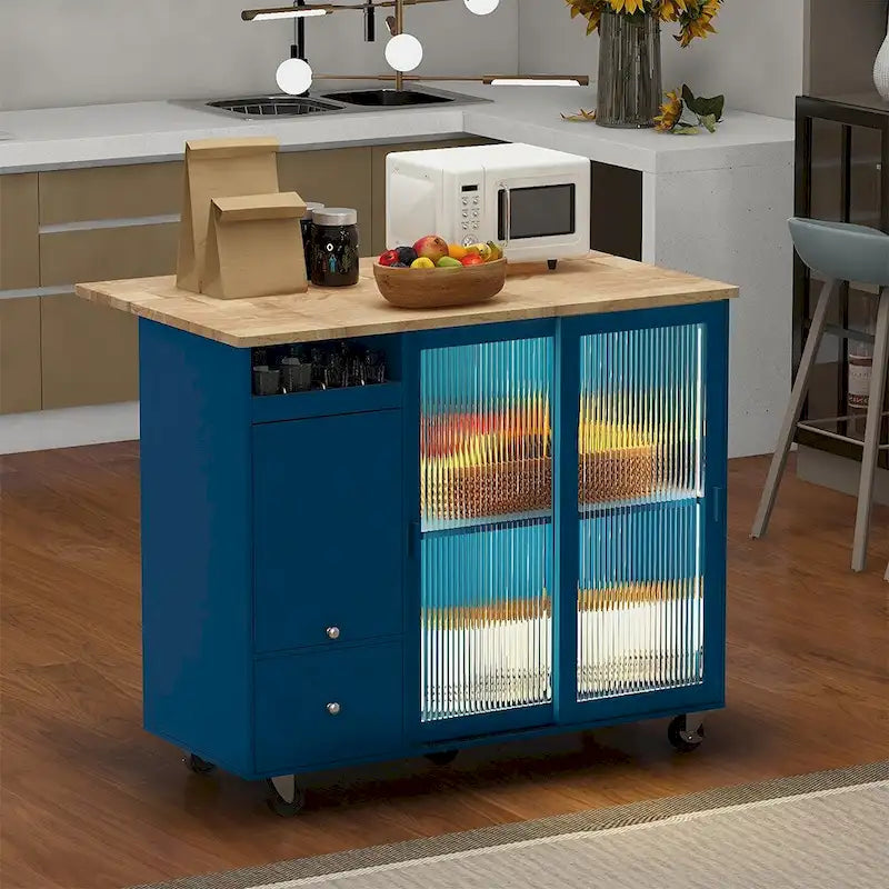Kitchen Island Cart w/Drop Leaf, LED Light & Changeable Wheels or Feet