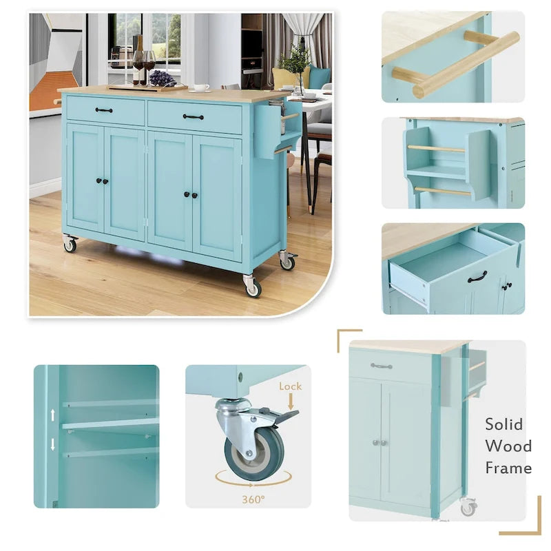 Kitchen Island Cart with Solid Wood Top and Locking Wheels