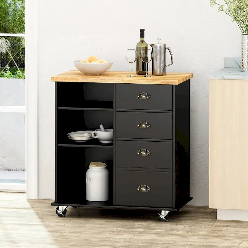 Contemporary Wood Kitchen Cart with Wheels Drawers and Cabinet by Christopher Knight Home