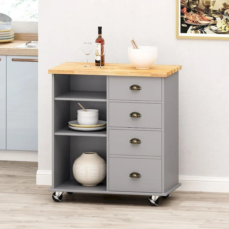 Contemporary Wood Kitchen Cart with Wheels Drawers and Cabinet by Christopher Knight Home