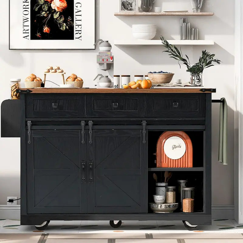 53.7 Farmhouse Kitchen Island with Power Outlet, 2 Sliding Barn Doors, Drop Leaf Storage, Spice Rack Cart On Wheels.