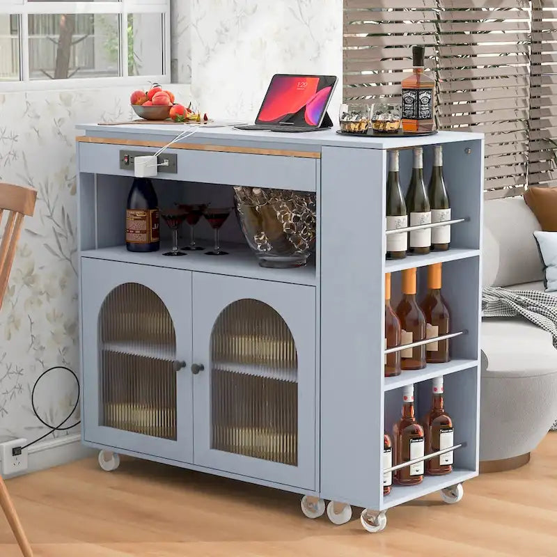 LED Lights Kitchen Island Cart With Extended Table and Power Outlets