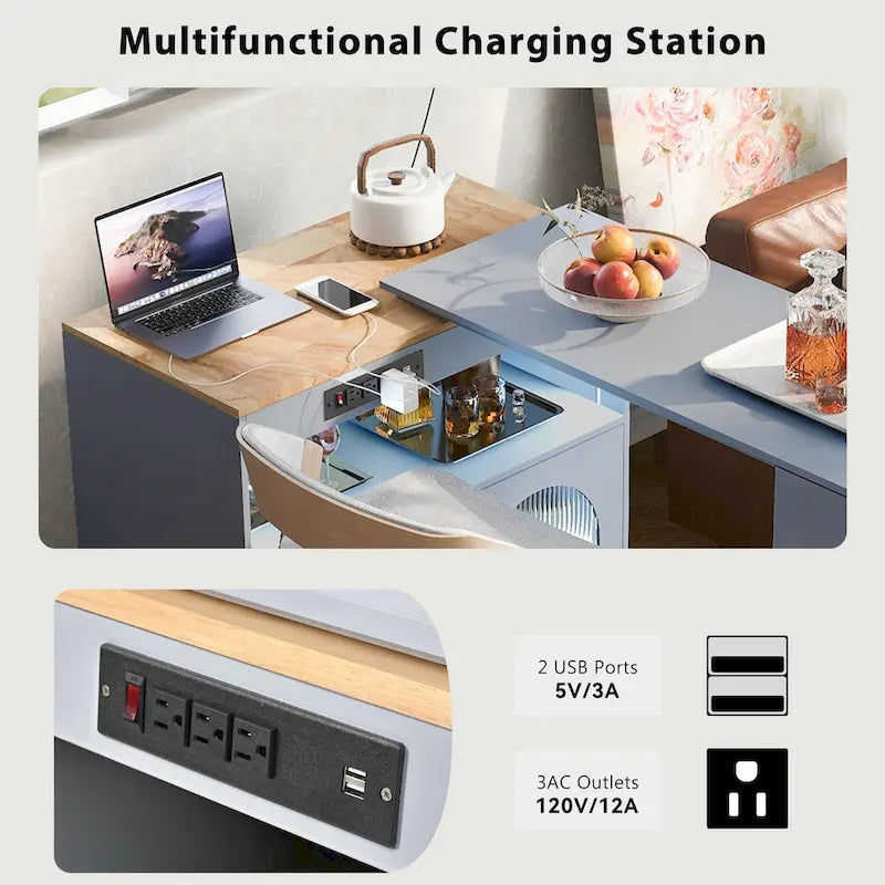 LED Lights Kitchen Island Cart With Extended Table and Power Outlets