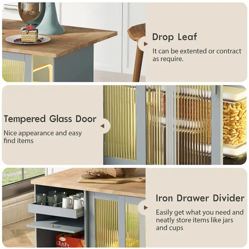 44 in. W Kitchen Island Rubber Wood Drop-Leaf Countertop on 5 Wheels with an Adjustable Shelf and 2 Drawers - 44