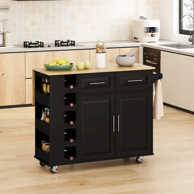 Foldable Kitchen Island Cart with Spice Rack, Towel Holder & Wine Rack