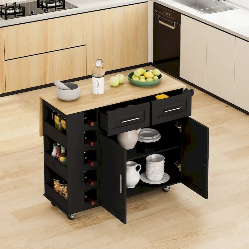 Foldable Kitchen Island Cart with Spice Rack, Towel Holder & Wine Rack