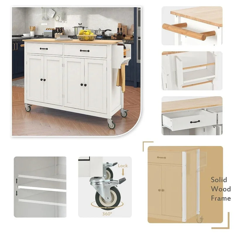 Kitchen Island Cart with Solid Wood Top, Locking Wheels, Spice & Towel Rack