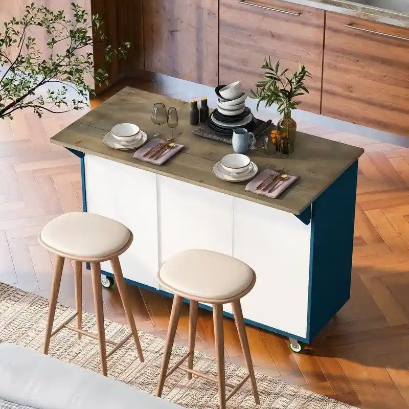 Retro 47D Kitchen Island on Wheels with Drop Leaf,Internal Storage Rack