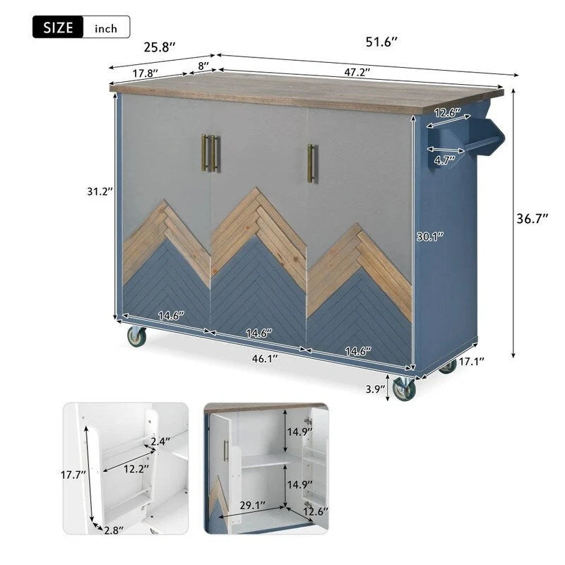 Retro 47D Kitchen Island on Wheels with Drop Leaf,Internal Storage Rack