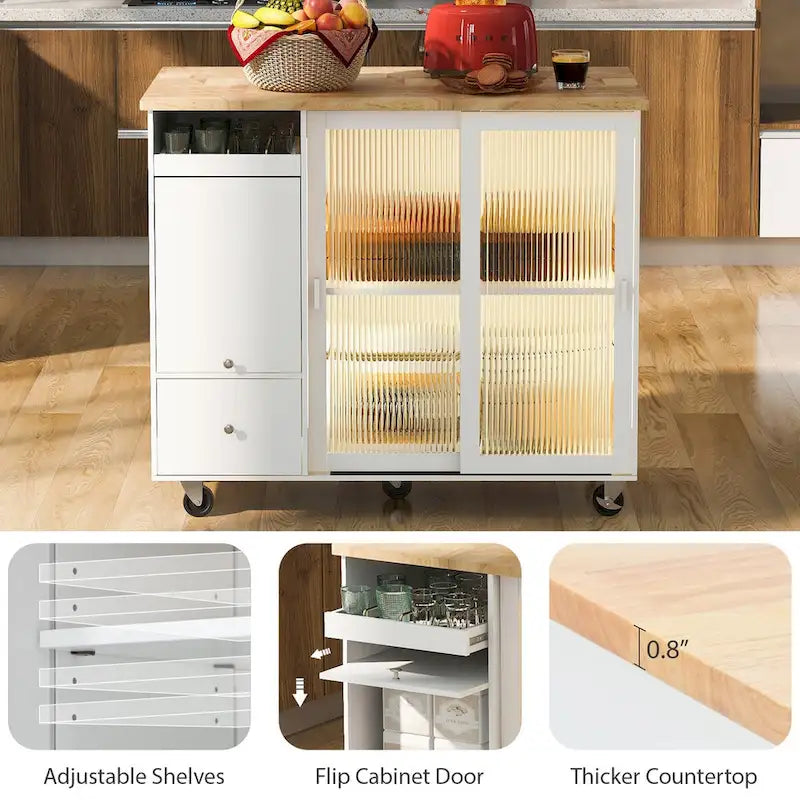 Kitchen Island with Drop Leaf,LED Light Cart on Wheels with 2 Fluted Glass Doors,Adjustable Shelf,2 Drawers,1 Flip Cabinet Door