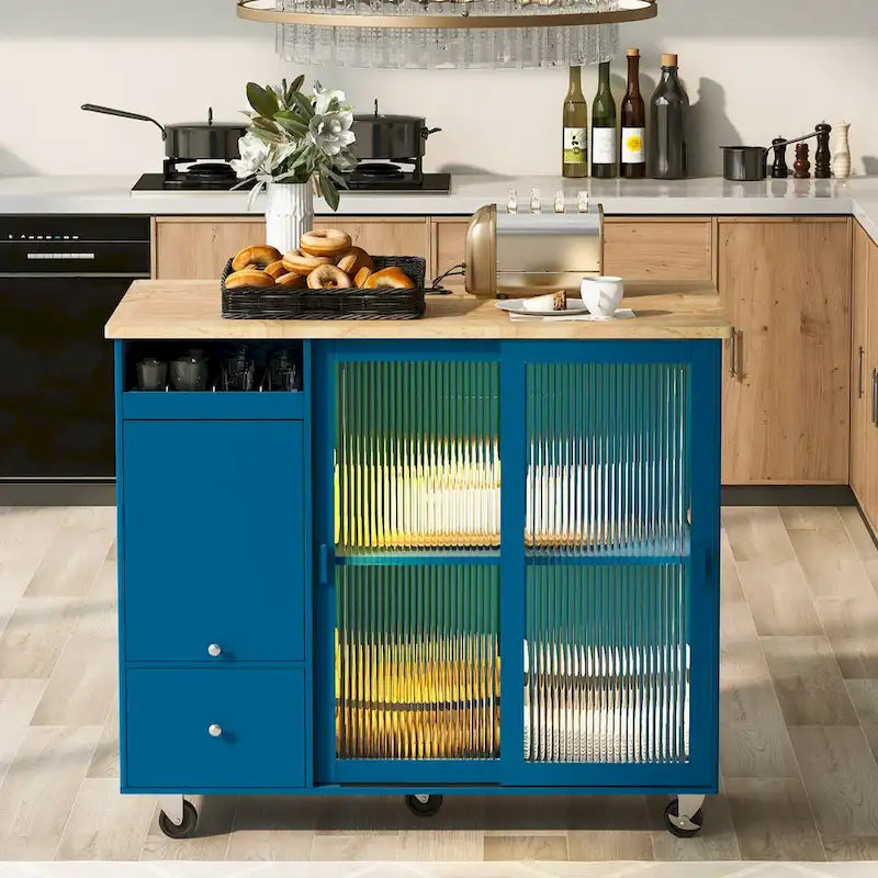 Kitchen Island with Drop Leaf,LED Light Cart on Wheels with 2 Fluted Glass Doors,Adjustable Shelf,2 Drawers,1 Flip Cabinet Door