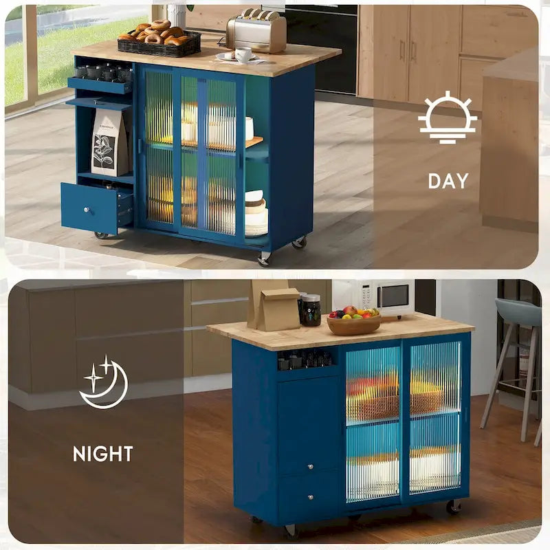 Kitchen Island with Drop Leaf,LED Light Cart on Wheels with 2 Fluted Glass Doors,Adjustable Shelf,2 Drawers,1 Flip Cabinet Door