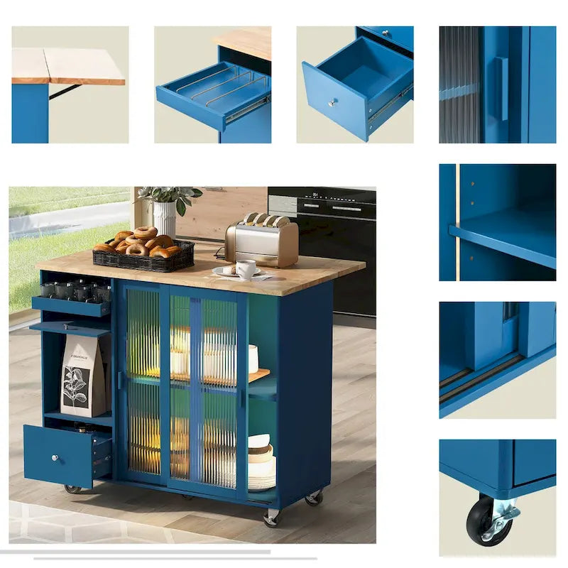 Kitchen Island with Drop Leaf,LED Light Cart on Wheels with 2 Fluted Glass Doors,Adjustable Shelf,2 Drawers,1 Flip Cabinet Door