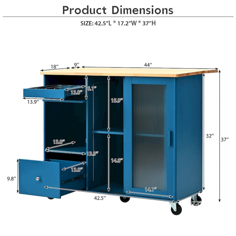 Kitchen Island with Drop Leaf,LED Light Cart on Wheels with 2 Fluted Glass Doors,Adjustable Shelf,2 Drawers,1 Flip Cabinet Door