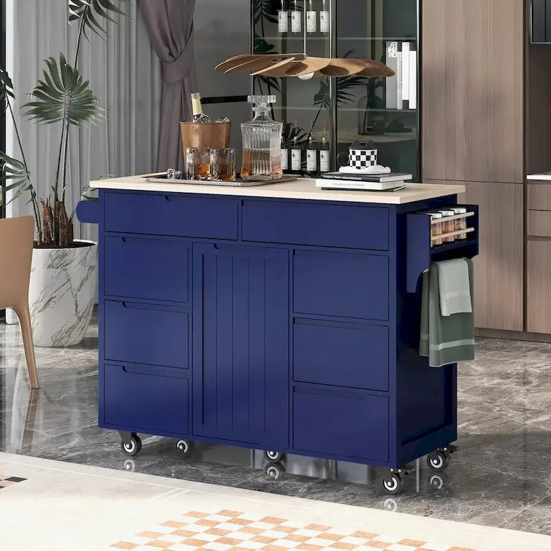 Rubberwood Kitchen Cart with Drop Leaf, Internal Storage Rack, Tableware organizer, and 8 drawers