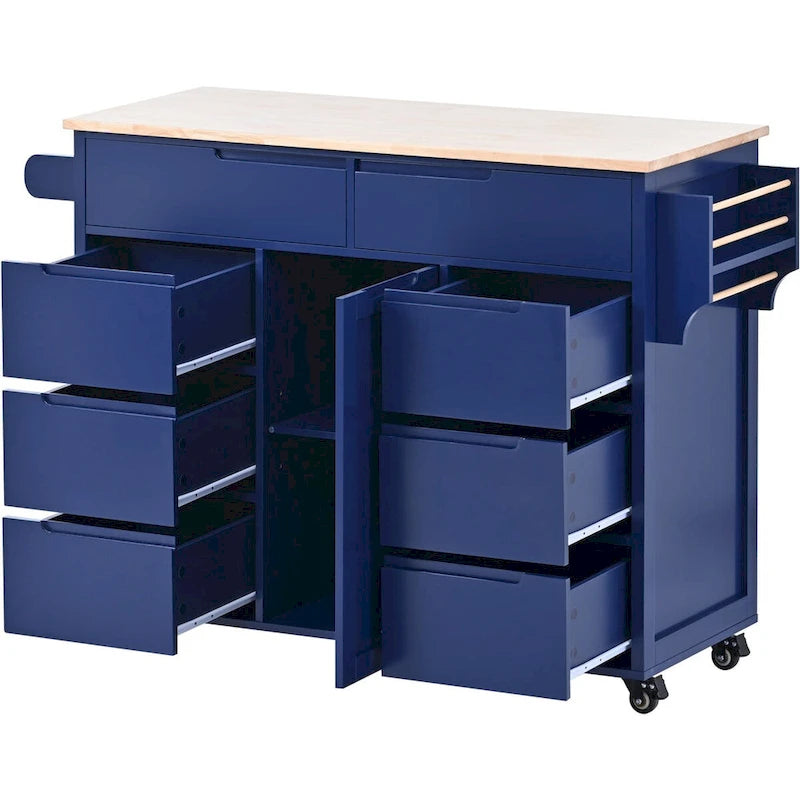 Rubberwood Kitchen Cart with Drop Leaf, Internal Storage Rack, Tableware organizer, and 8 drawers