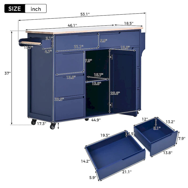 Rubberwood Kitchen Cart with Drop Leaf, Internal Storage Rack, Tableware organizer, and 8 drawers