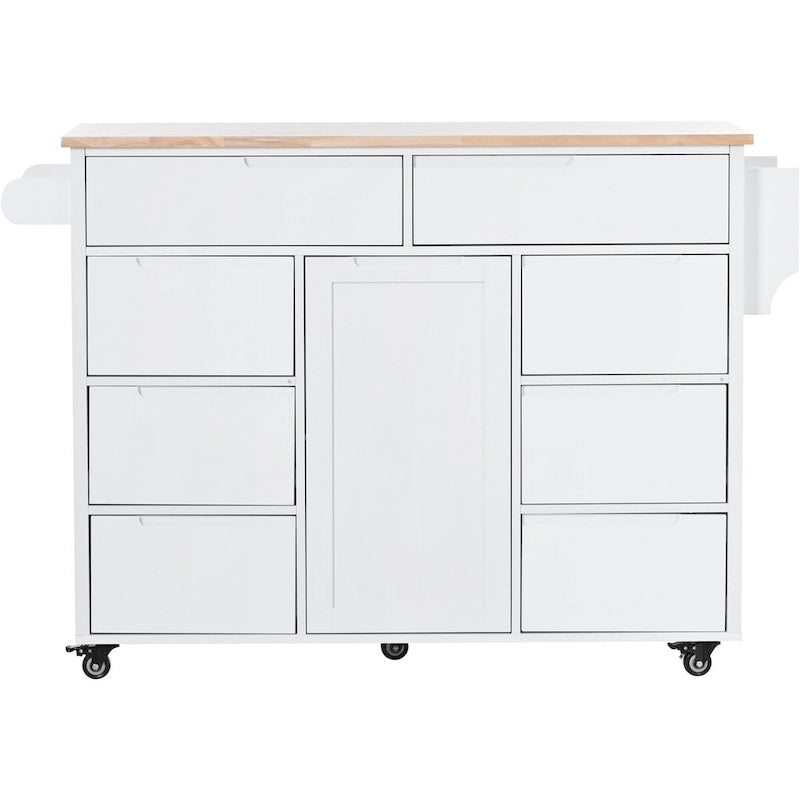 Rubberwood Kitchen Cart with Drop Leaf, Internal Storage Rack, Tableware organizer, and 8 drawers