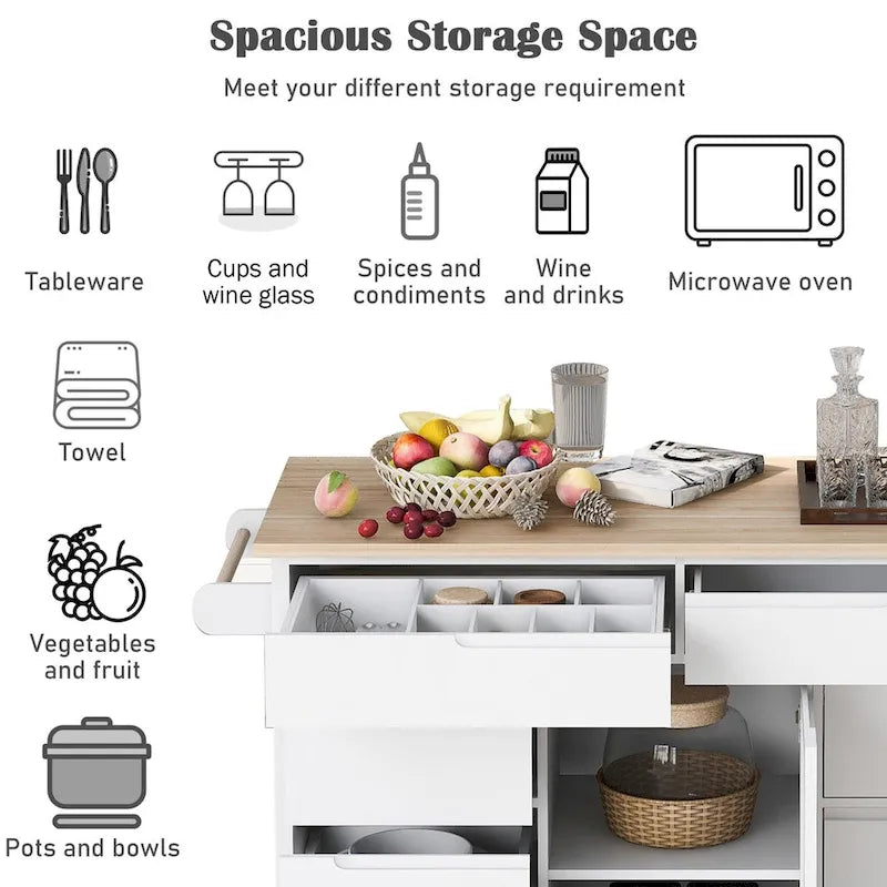Rubberwood Kitchen Cart with Drop Leaf, Internal Storage Rack, Tableware organizer, and 8 drawers