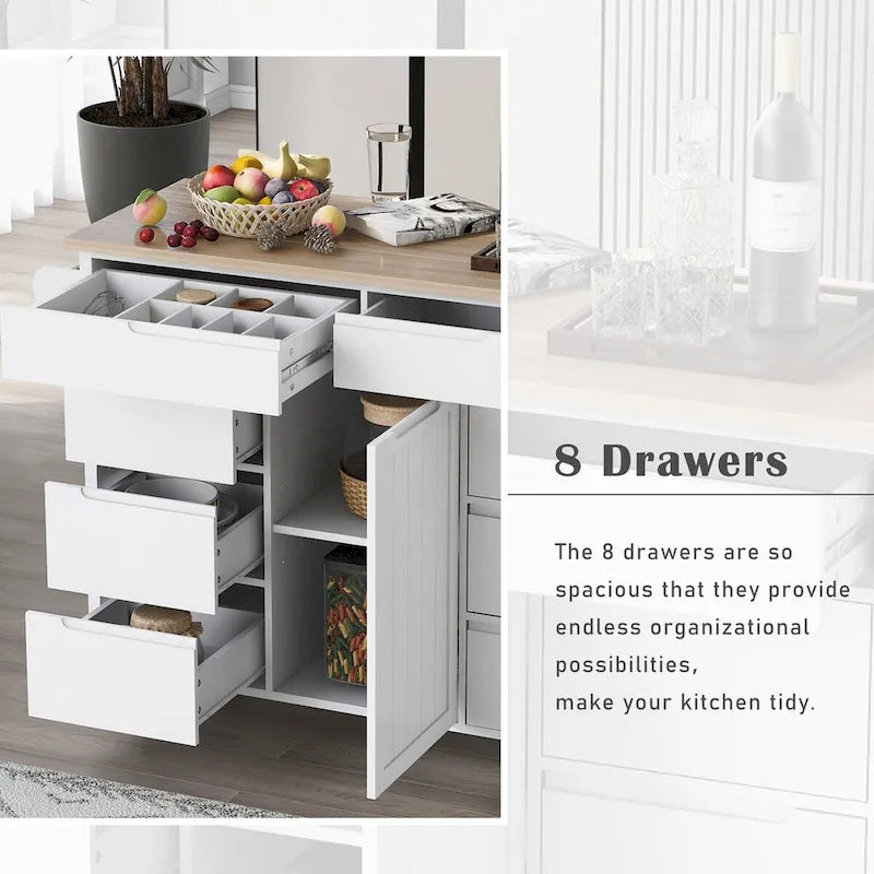 Rubberwood Kitchen Cart with Drop Leaf, Internal Storage Rack, Tableware organizer, and 8 drawers
