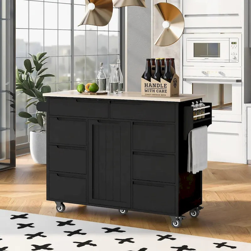 Rubberwood Kitchen Cart with Drop Leaf, Internal Storage Rack, Tableware organizer, and 8 drawers