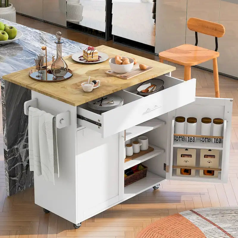 Rolling Kitchen Island with Storage,Kitchen Cart with Rubber Wood Top,Spacious Drawer with Divider and Internal Storage Rack