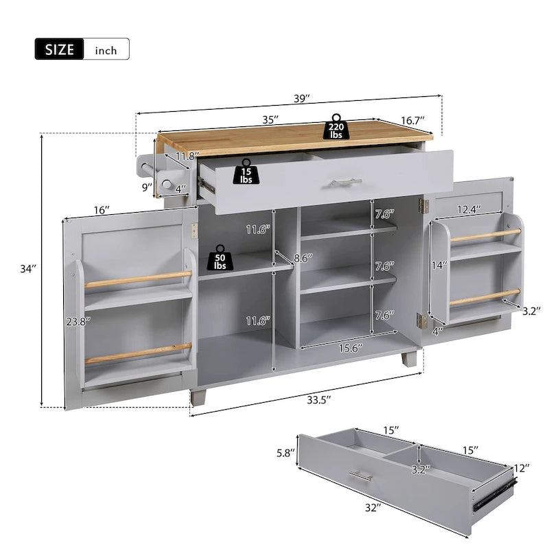 Rolling Kitchen Island with Storage,Kitchen Cart with Rubber Wood Top,Spacious Drawer with Divider and Internal Storage Rack