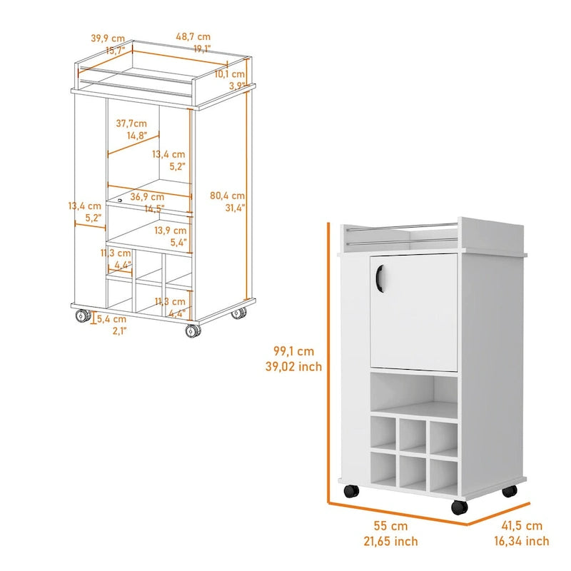 Allandale 1-Door Bar Cart with Wine Rack and Casters White