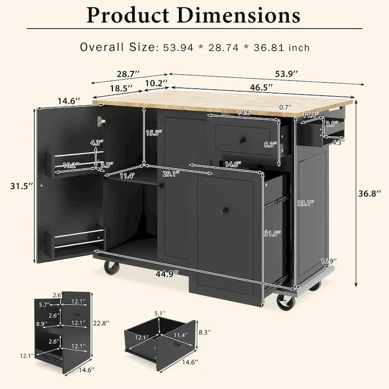 53.9 Width Rolling Kitchen Cart on Wheels with Internal Storage Rack and 3 Tier Pull Out Cabinet Organizer