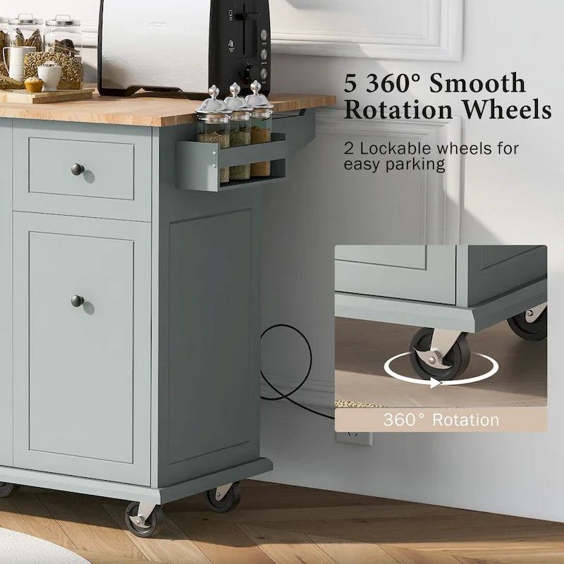 53.9 Width Rolling Kitchen Cart on Wheels with Internal Storage Rack and 3 Tier Pull Out Cabinet Organizer