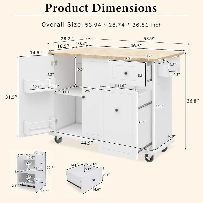53.9 Width Rolling Kitchen Cart on Wheels with Internal Storage Rack and 3 Tier Pull Out Cabinet Organizer