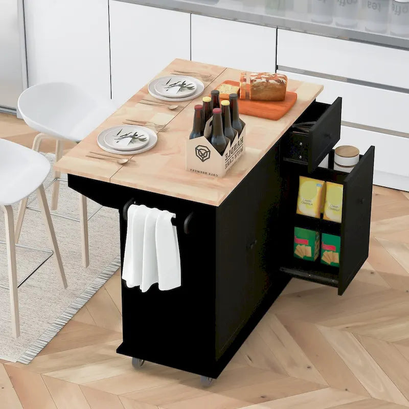 53.9 Width Rolling Kitchen Cart on Wheels with Internal Storage Rack and 3 Tier Pull Out Cabinet Organizer