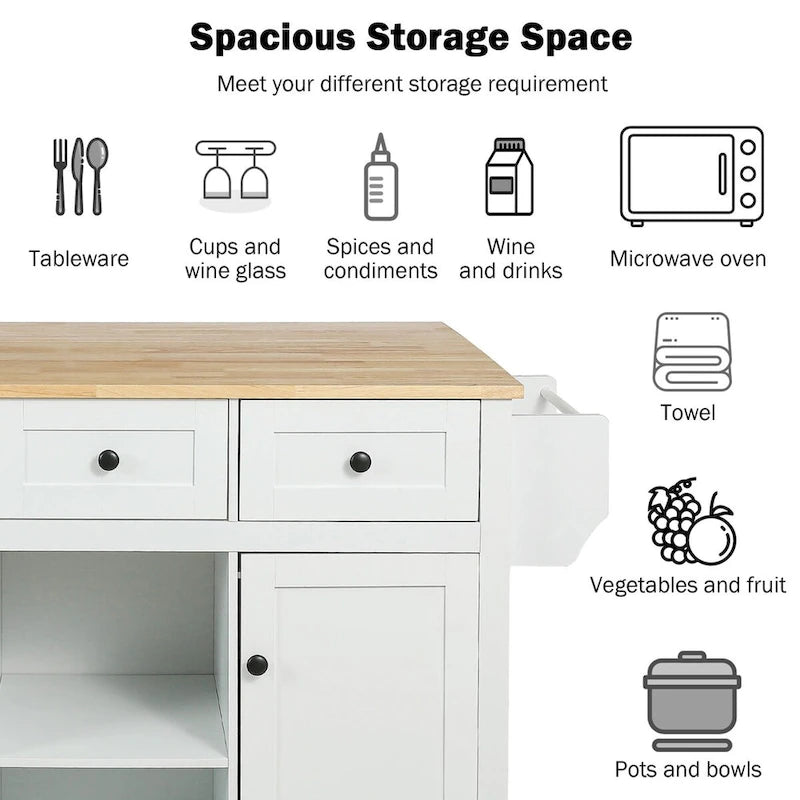 Kitchen Cart with Rubber Wood Drop-Leaf Countertop , Internal Storage Racks