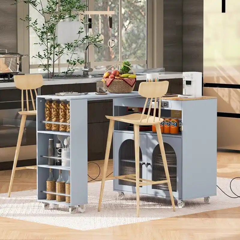 Rolling Kitchen Island With Extended Table,with LED Lights,Glass Doors