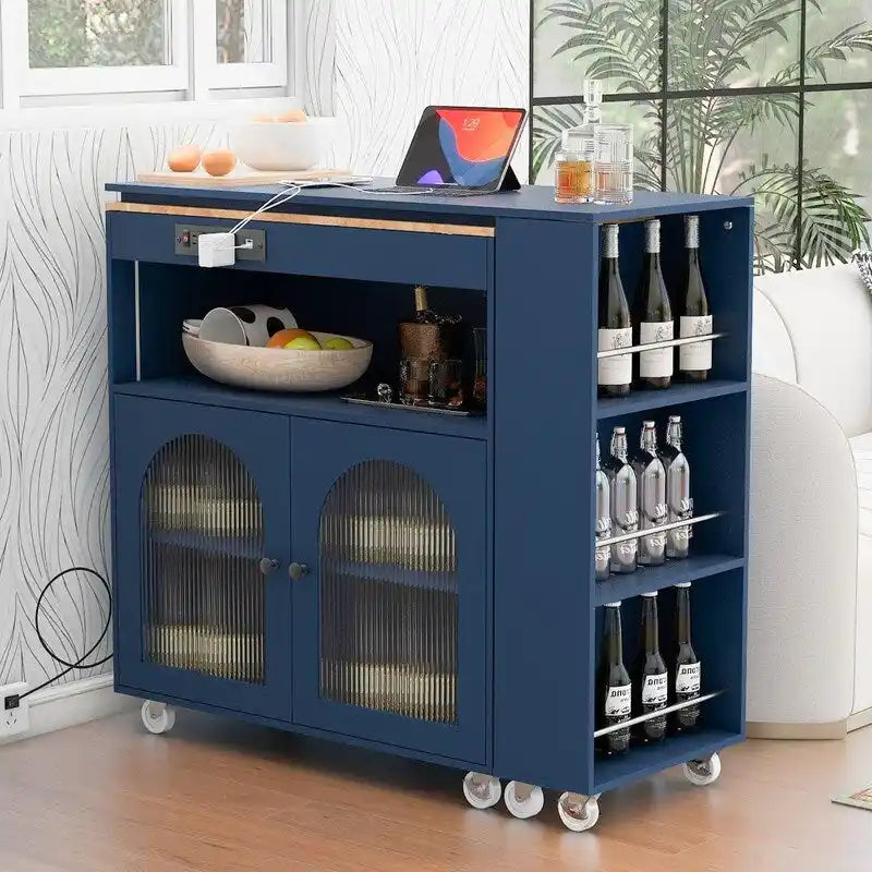 Rolling Kitchen Island With Extended Table,with LED Lights,Glass Doors