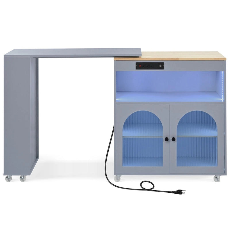 Rolling Kitchen Island with Movable Extended Table on Wheels,LED Lights Power Outlets & Fluted Doors,3 Open Adjustable Shelves