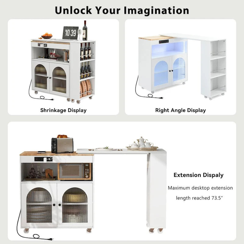 Rolling Kitchen Island with Movable Extended Table on Wheels,LED Lights Power Outlets & Fluted Doors,3 Open Adjustable Shelves