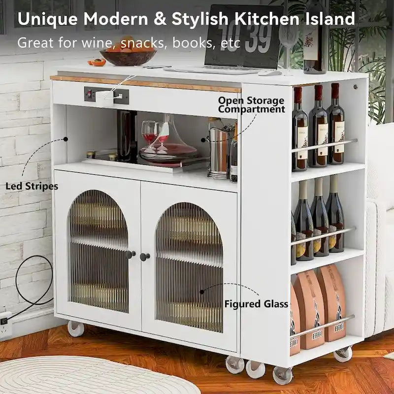 Rolling Kitchen Island with Movable Extended Table on Wheels,LED Lights Power Outlets & Fluted Doors,3 Open Adjustable Shelves