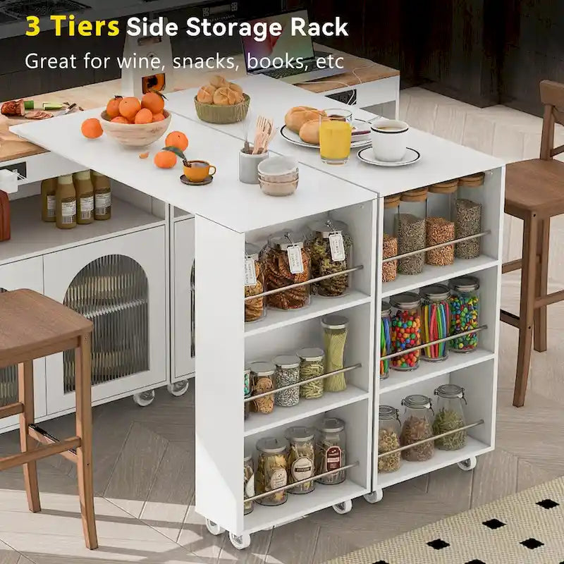Rolling Kitchen Island with Movable Extended Table on Wheels,LED Lights Power Outlets & Fluted Doors,3 Open Adjustable Shelves