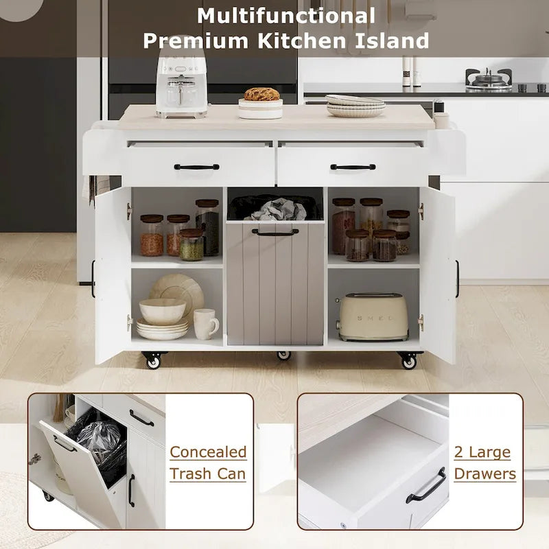 Kitchen Island with Trash Can Storage Cabinet, Drop-Leaf Cart, Spice&Towel Rack, Rolling Cart On Wheels with Adjustable Shelf
