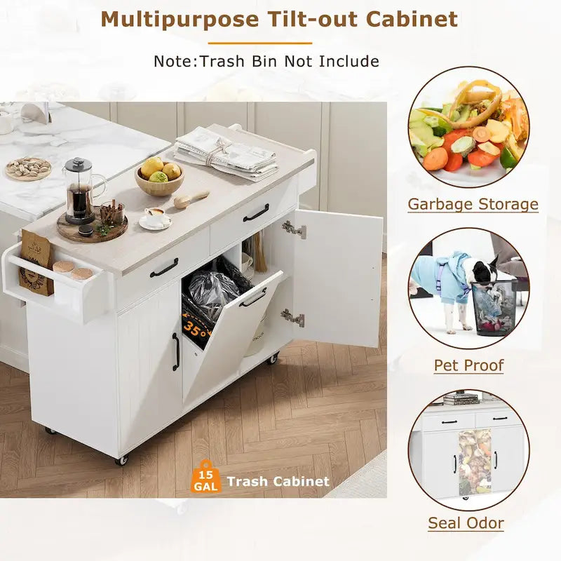 Kitchen Island with Trash Can Storage Cabinet, Drop-Leaf Cart, Spice&Towel Rack, Rolling Cart On Wheels with Adjustable Shelf