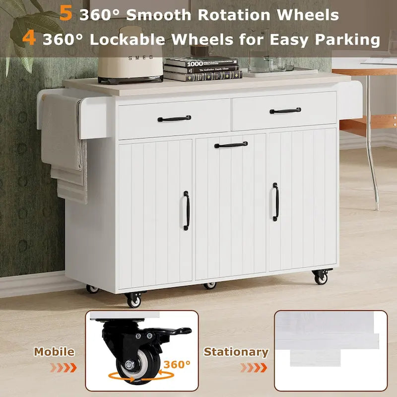 Kitchen Island with Trash Can Storage Cabinet, Drop-Leaf Cart, Spice&Towel Rack, Rolling Cart On Wheels with Adjustable Shelf