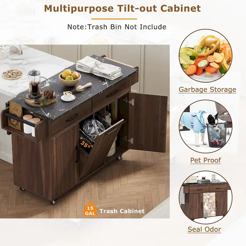 Kitchen Island with Trash Can Storage Cabinet, Drop-Leaf Cart, Spice&Towel Rack, Rolling Cart On Wheels with Adjustable Shelf