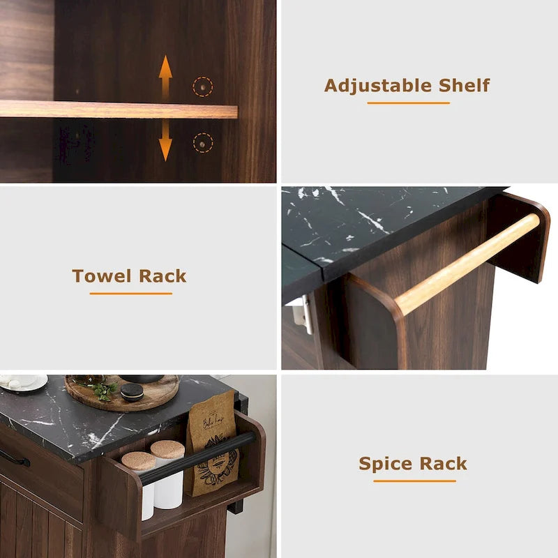 Kitchen Island with Trash Can Storage Cabinet, Drop-Leaf Cart, Spice&Towel Rack, Rolling Cart On Wheels with Adjustable Shelf