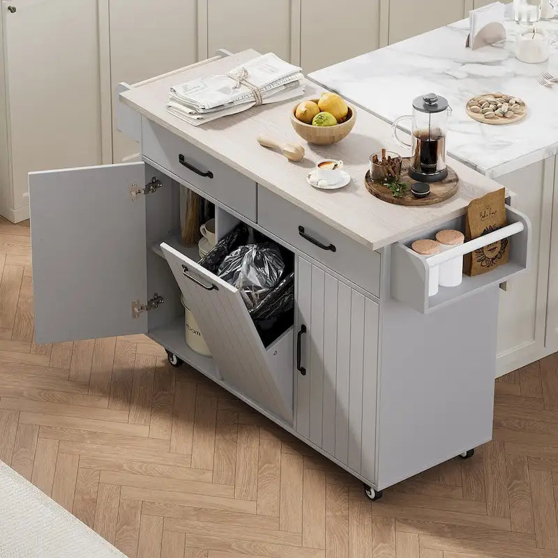 Kitchen Island with Trash Can Storage Cabinet, Drop-Leaf Cart, Spice&Towel Rack, Rolling Cart On Wheels with Adjustable Shelf