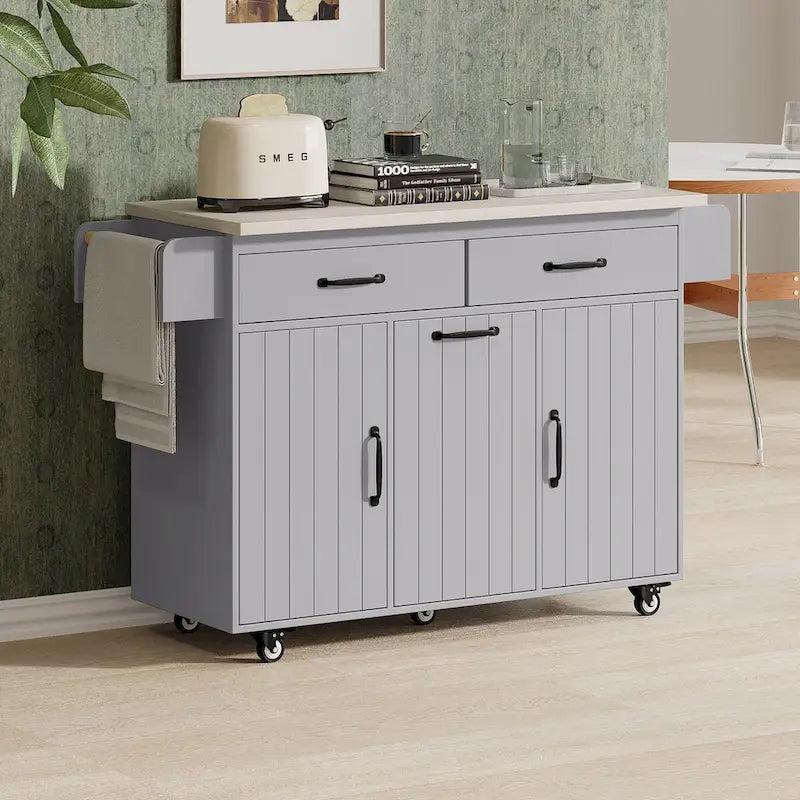 Kitchen Island with Trash Can Storage Cabinet, Drop-Leaf Cart, Spice&Towel Rack, Rolling Cart On Wheels with Adjustable Shelf