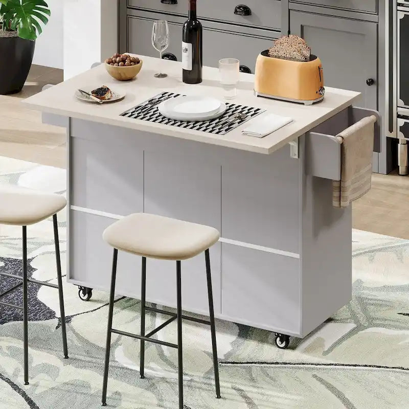Kitchen Island with Trash Can Storage Cabinet, Drop-Leaf Cart, Spice&Towel Rack, Rolling Cart On Wheels with Adjustable Shelf