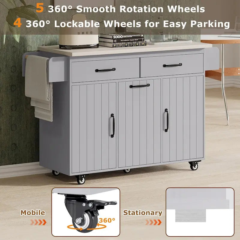 Kitchen Island with Trash Can Storage Cabinet, Drop-Leaf Cart, Spice&Towel Rack, Rolling Cart On Wheels with Adjustable Shelf