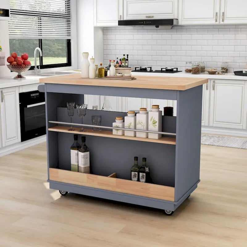 Wood Rolling Kitchen Island with 2 Drawers and 3 Open Compartments