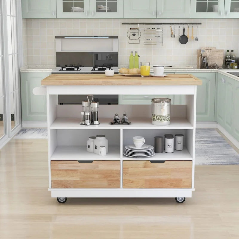 Wood Rolling Kitchen Island with 2 Drawers and 3 Open Compartments